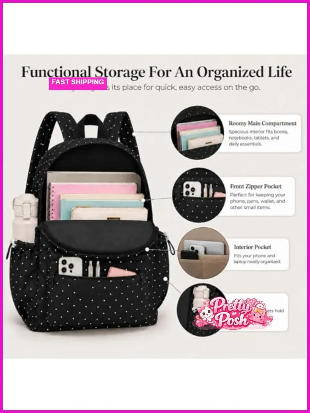 Nylon Polka Dot Backpack with Bow Detail for Women - Large Daypack